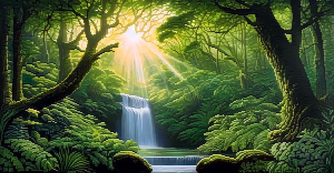 A colorful mural of a green forest with sunlight and dark clouds, illustrating the beauty and threats of nature.