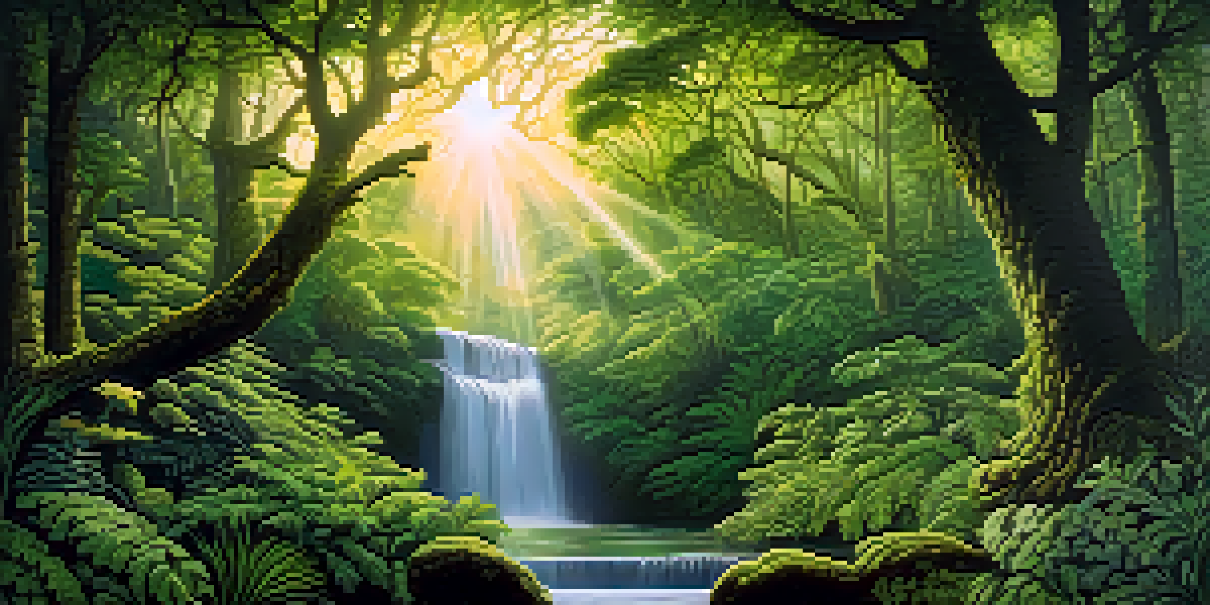 A colorful mural of a green forest with sunlight and dark clouds, illustrating the beauty and threats of nature.