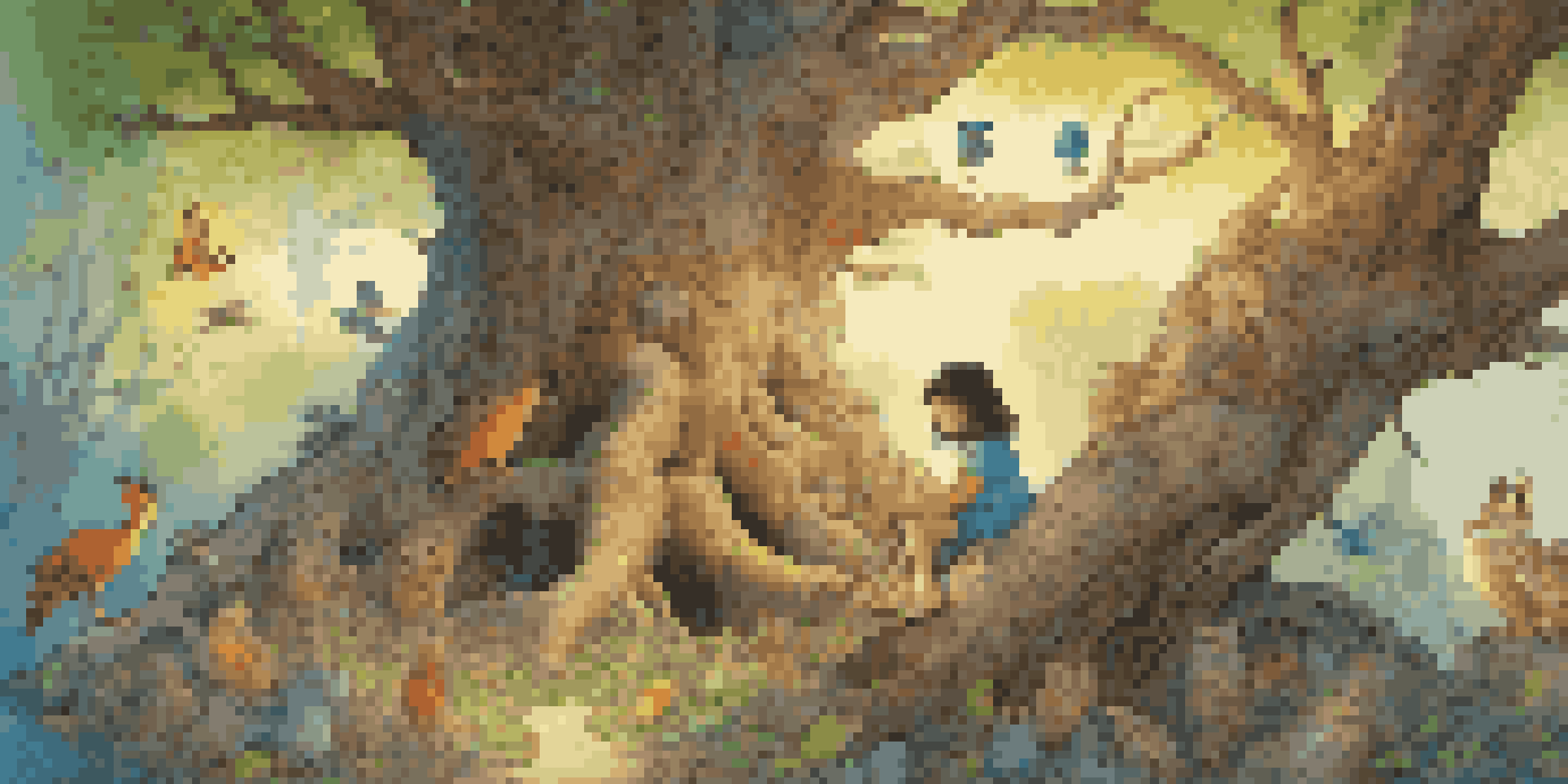 A child sitting under an ancient tree, surrounded by colorful mythical creatures like fairies and dragons, with sunlight filtering through the leaves.