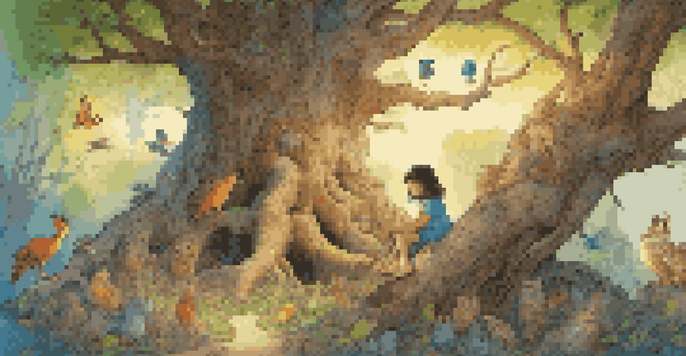 A child sitting under an ancient tree, surrounded by colorful mythical creatures like fairies and dragons, with sunlight filtering through the leaves.