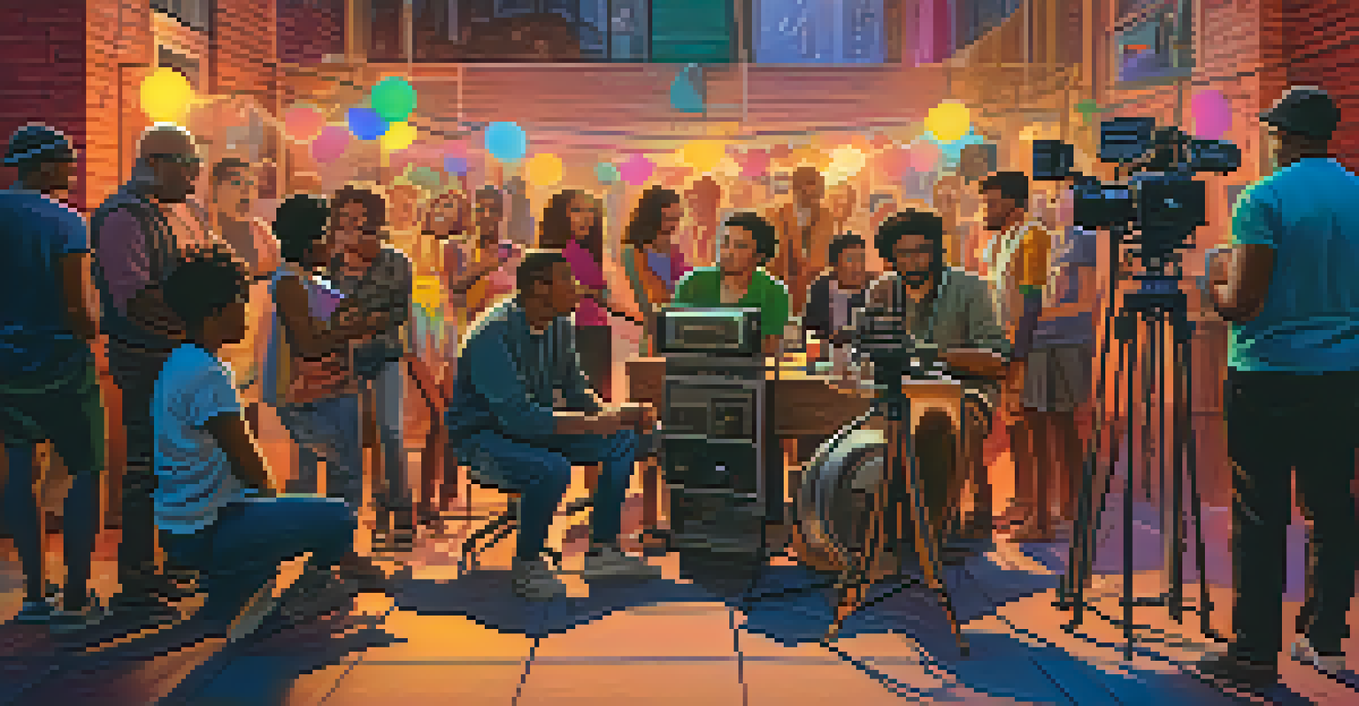 A colorful film set with a diverse cast and crew working together, showcasing various body types and a vibrant atmosphere.