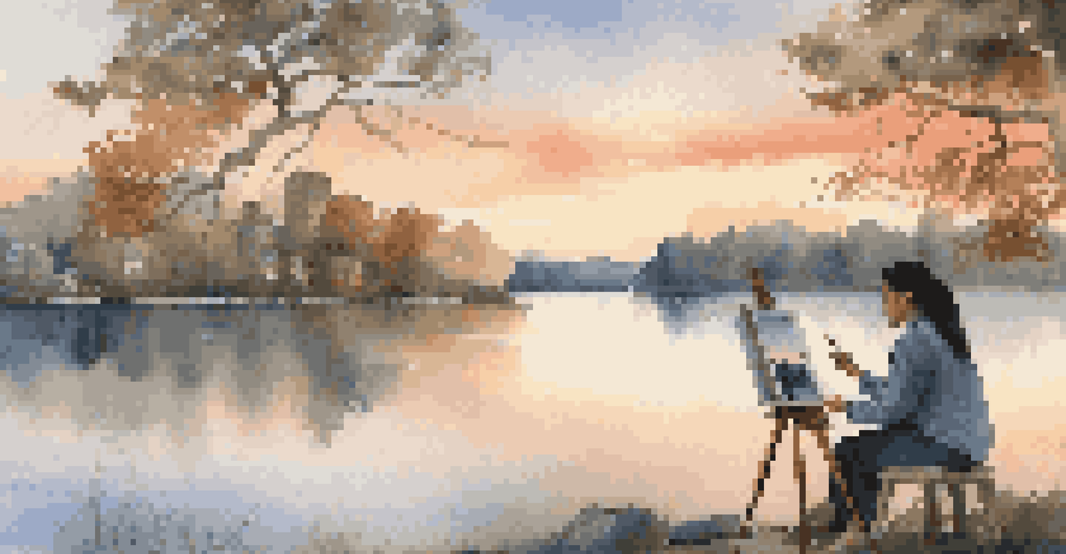 An artist painting by a lake, blending traditional and modern elements in a serene setting under a pastel sunset.