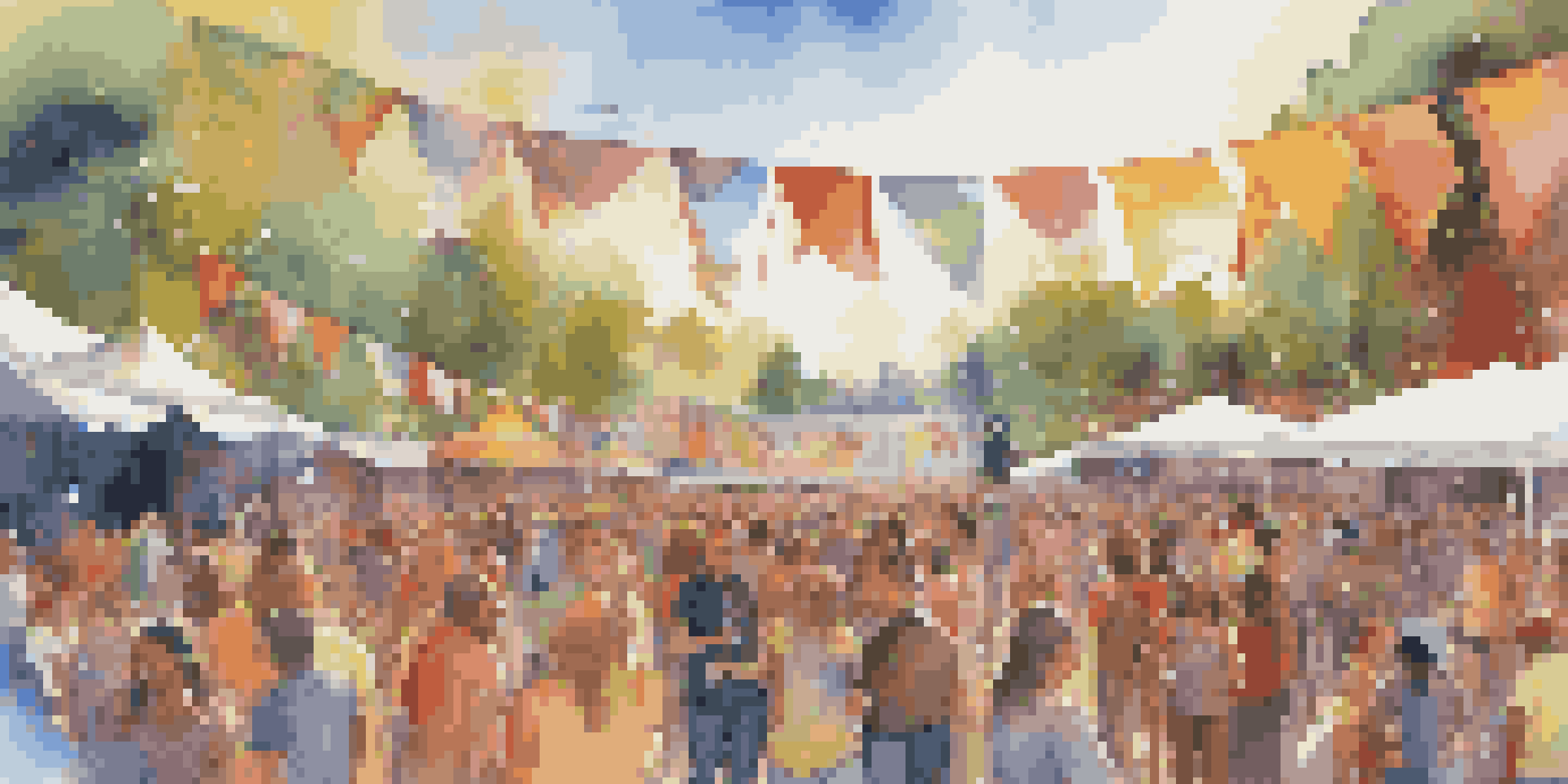 A lively outdoor festival with diverse attendees enjoying music, surrounded by colorful art installations and banners under a sunny sky.