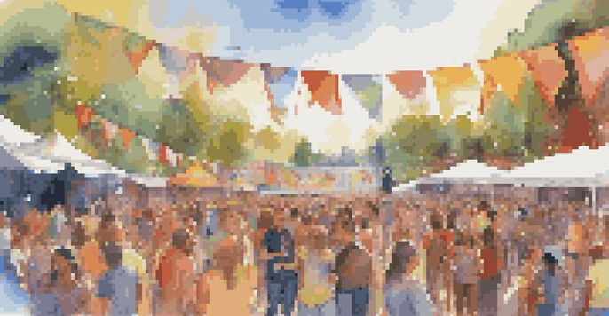 A lively outdoor festival with diverse attendees enjoying music, surrounded by colorful art installations and banners under a sunny sky.