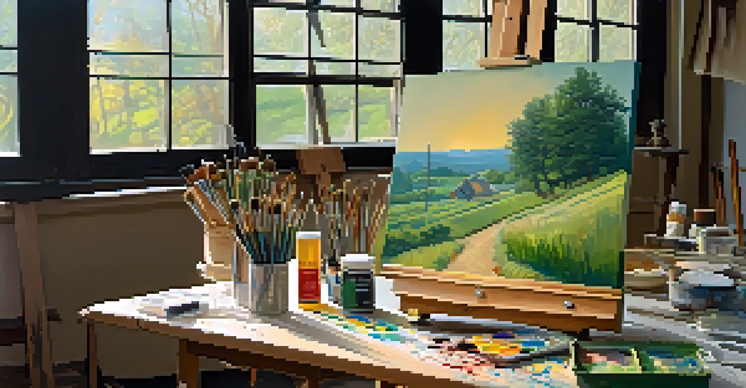 An artist's studio bathed in sunlight with an easel holding a landscape painting, showcasing impasto and glazing techniques, surrounded by paint tubes and brushes.