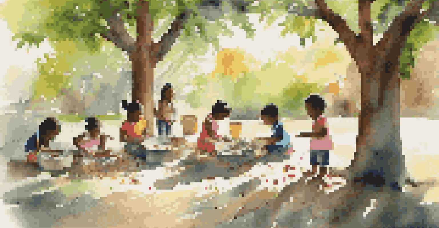 Children engaged in a community art project outdoors, surrounded by nature and colorful materials.