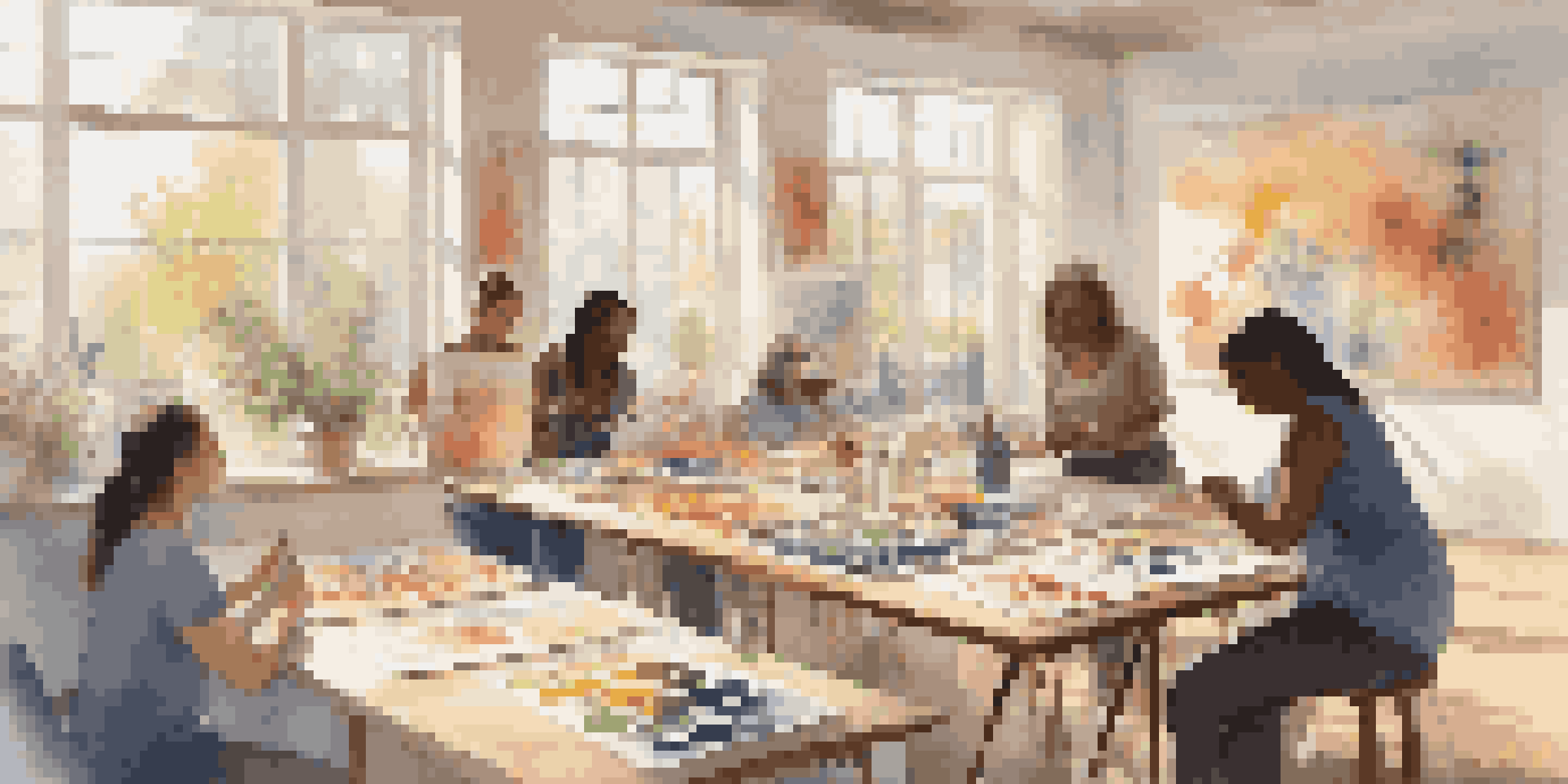 A group of people participating in an art therapy session in a bright room, surrounded by colorful artwork and natural light.