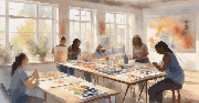 A group of people participating in an art therapy session in a bright room, surrounded by colorful artwork and natural light.