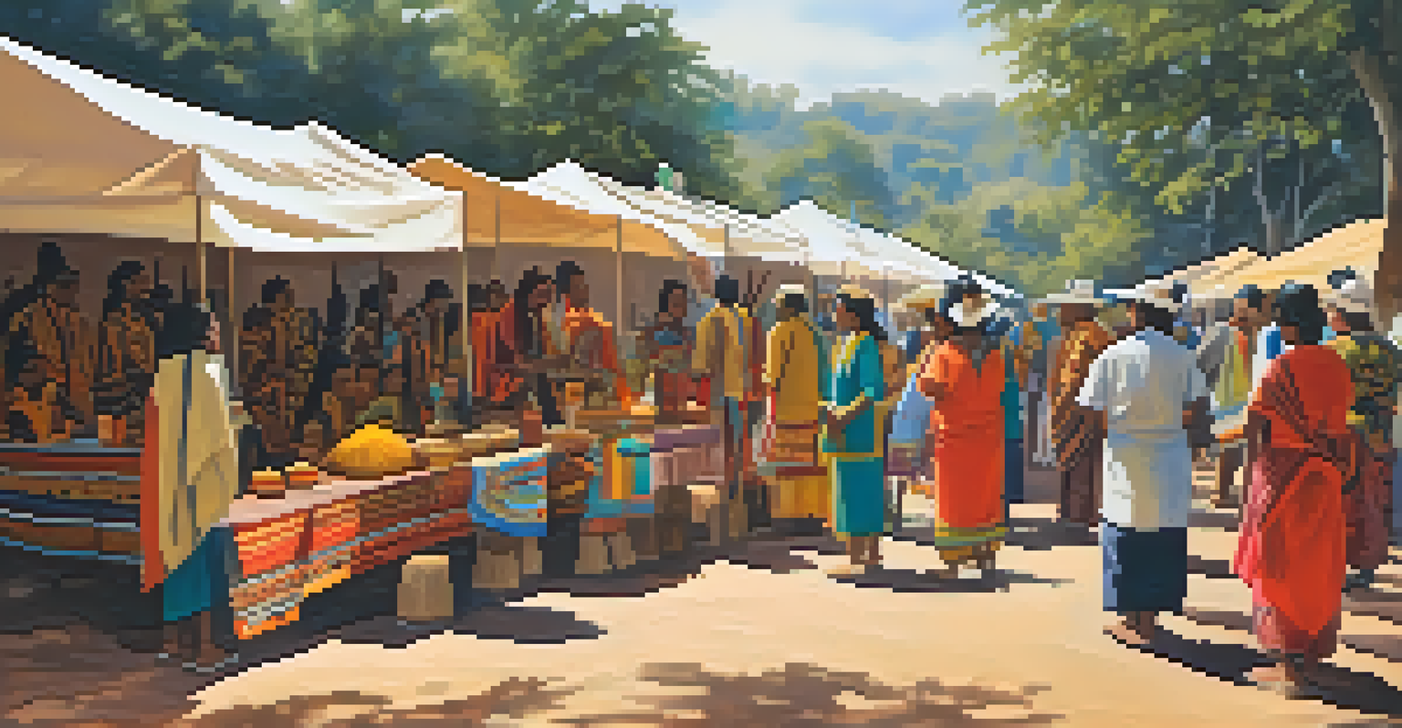 An outdoor exhibition featuring Indigenous artists and their diverse artworks, with visitors engaging in lively conversations.