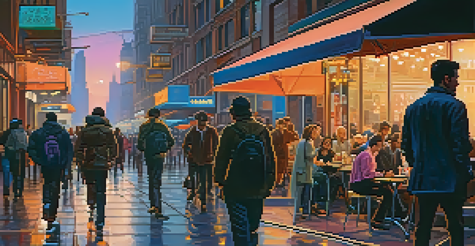 A vibrant urban street scene at twilight, featuring neon lights, pedestrians, and a street musician, with skyscrapers illuminated against a twilight sky.