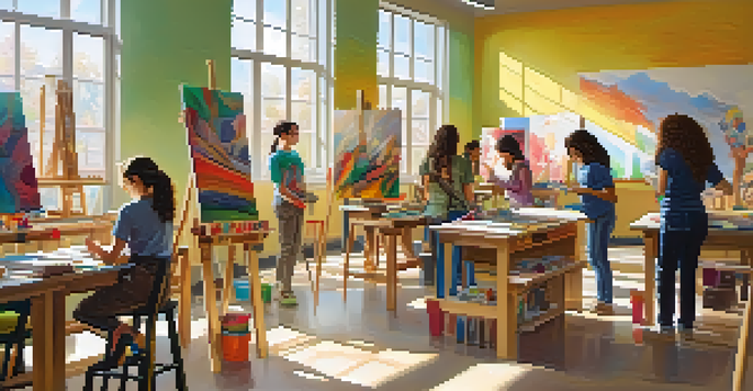 A lively and colorful classroom where diverse students are engaged in different art activities, including painting and sculpting, with sunlight shining through the windows.