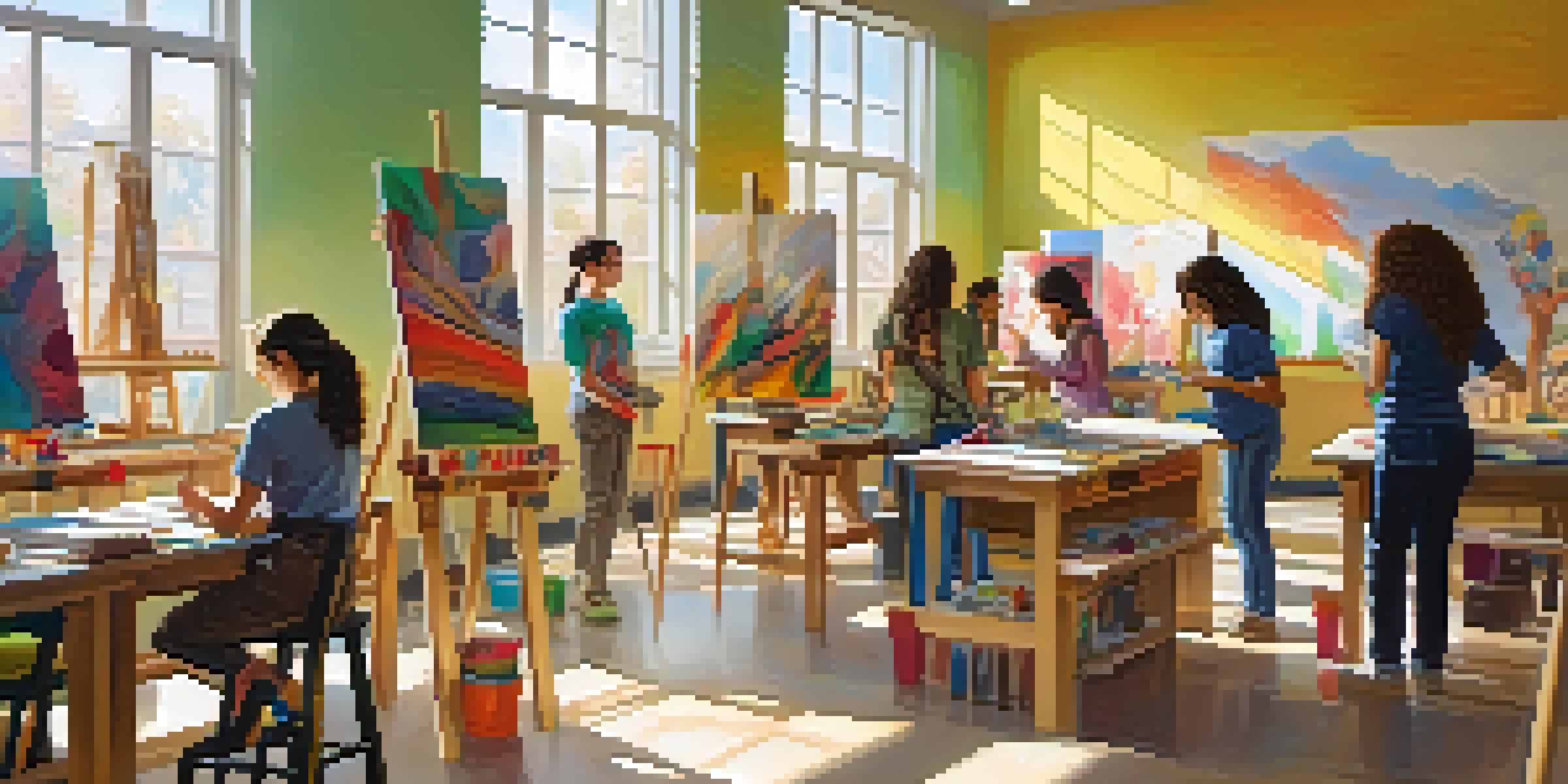 A lively and colorful classroom where diverse students are engaged in different art activities, including painting and sculpting, with sunlight shining through the windows.