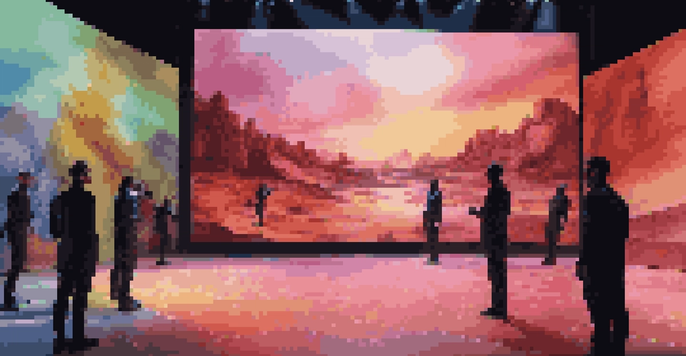 A film set featuring an LED screen with a virtual landscape and actors in motion capture suits.