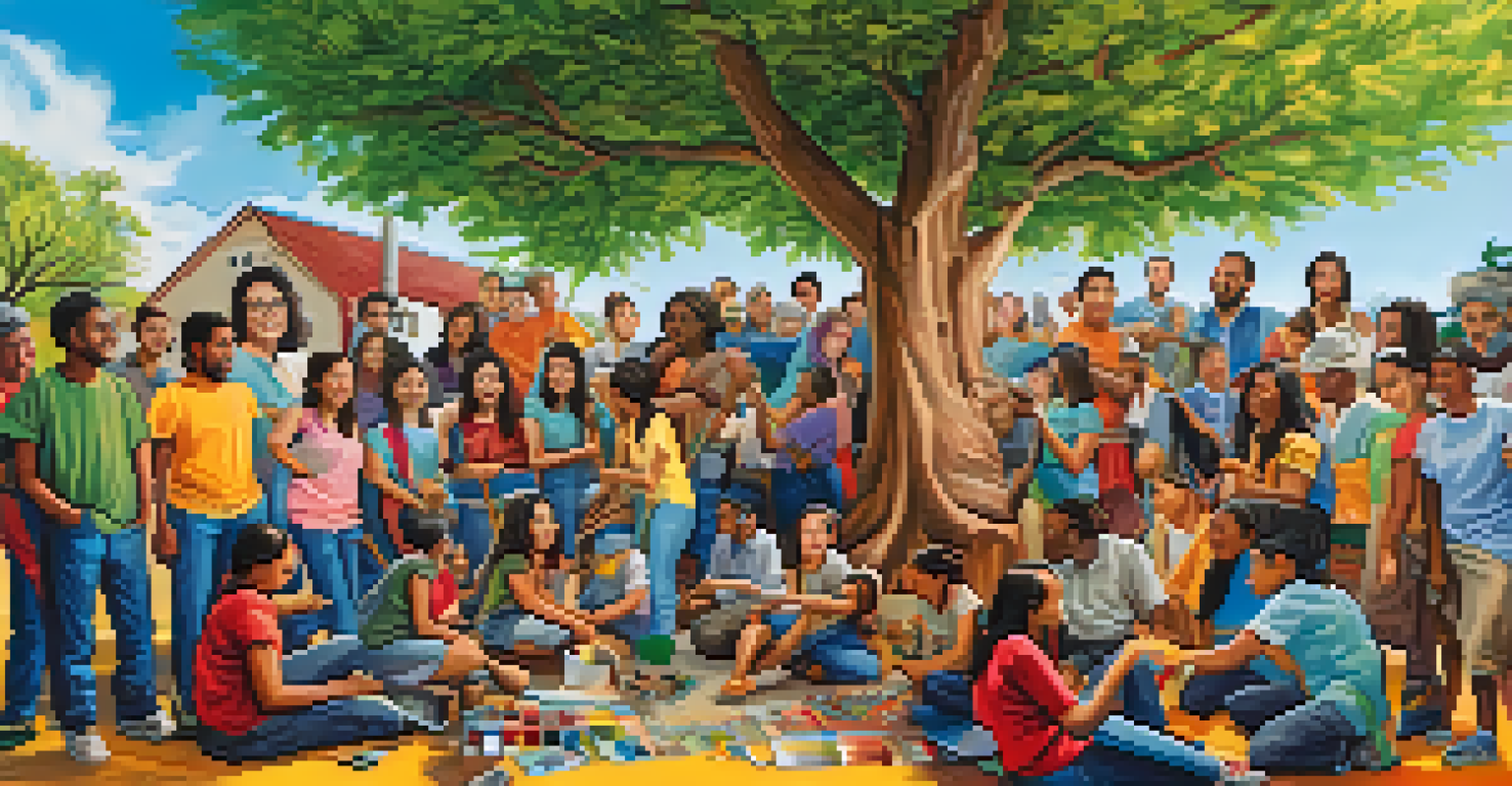 A diverse group of individuals collaborating on a vibrant mural outdoors, surrounded by nature and engaging in art creation.