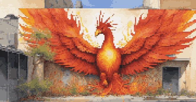 A colorful mural of a phoenix rising set on a run-down building, surrounded by greenery and illuminated by sunset.