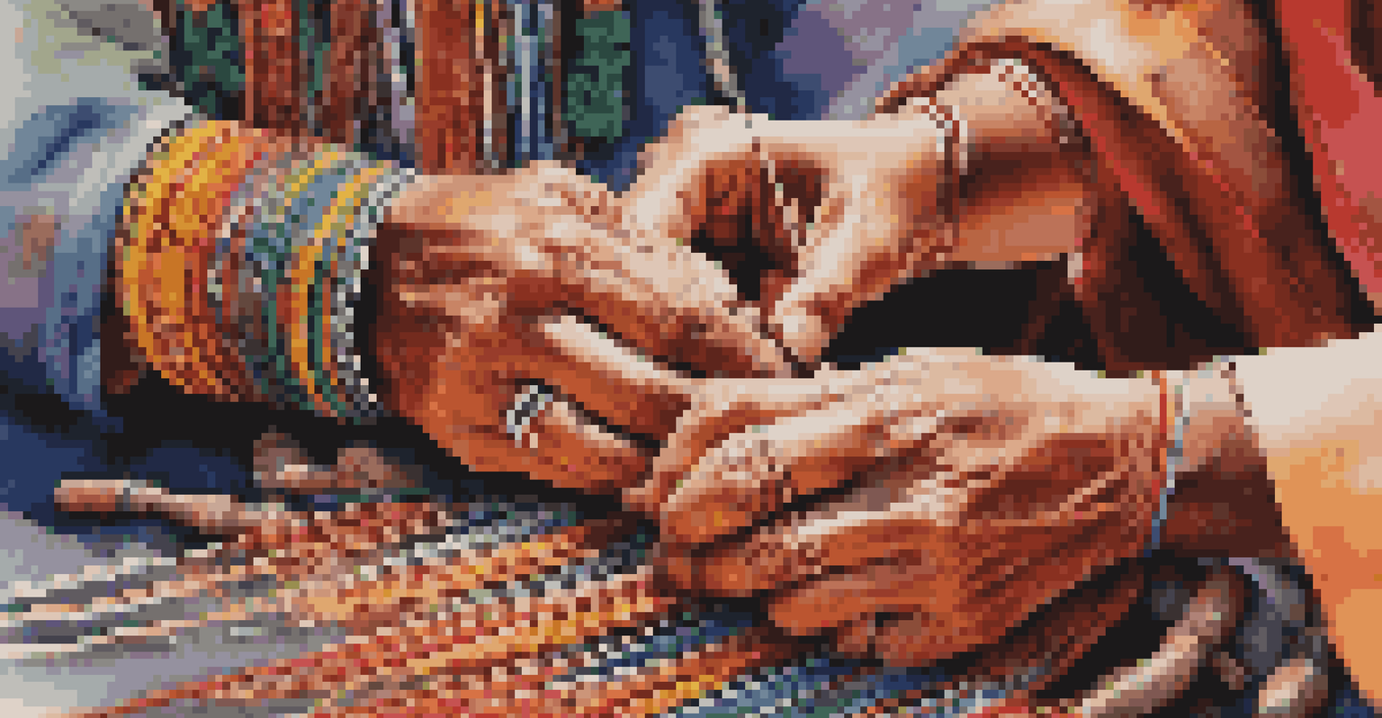 Close-up of hands weaving traditional textiles with vibrant patterns, set against a blurred background of a cultural festival.