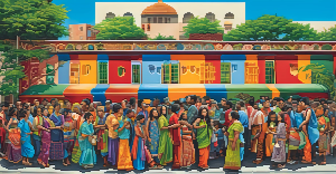 A colorful mural illustrating diverse individuals and their cultural stories on an urban wall, surrounded by a lively city street.
