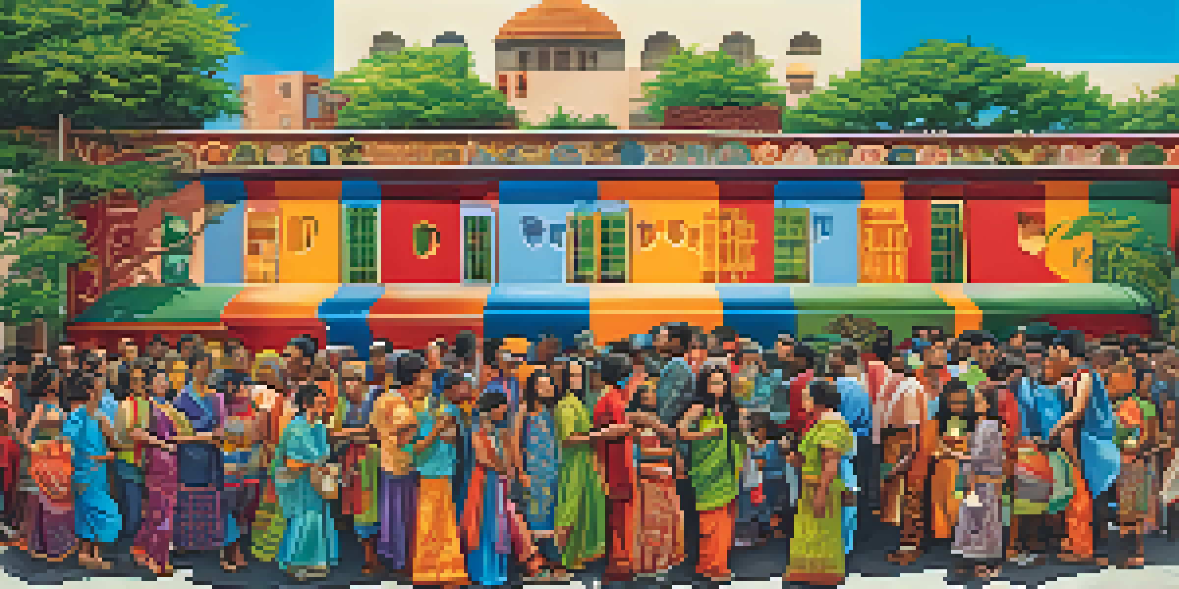 A colorful mural illustrating diverse individuals and their cultural stories on an urban wall, surrounded by a lively city street.