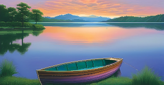 A peaceful sunset over a lake surrounded by mountains, with a small boat in the foreground.