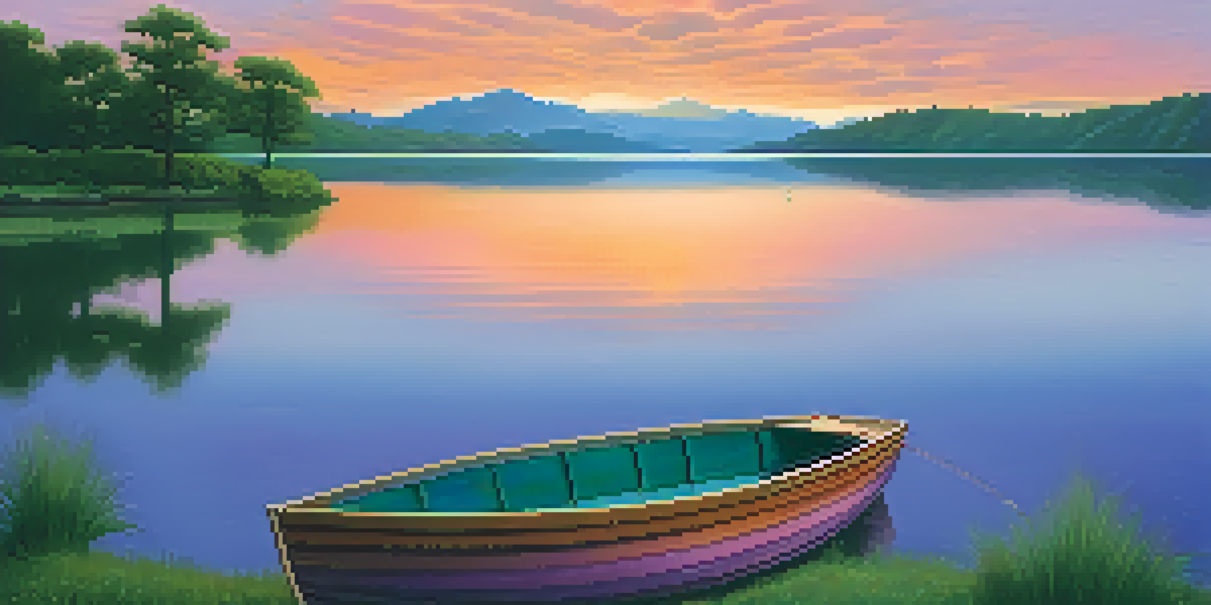 A peaceful sunset over a lake surrounded by mountains, with a small boat in the foreground.