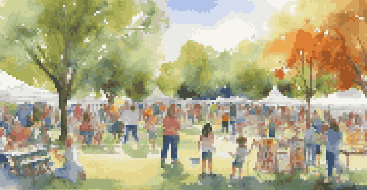 Families and children happily painting together at a community art event in a park, with colorful banners in the background.