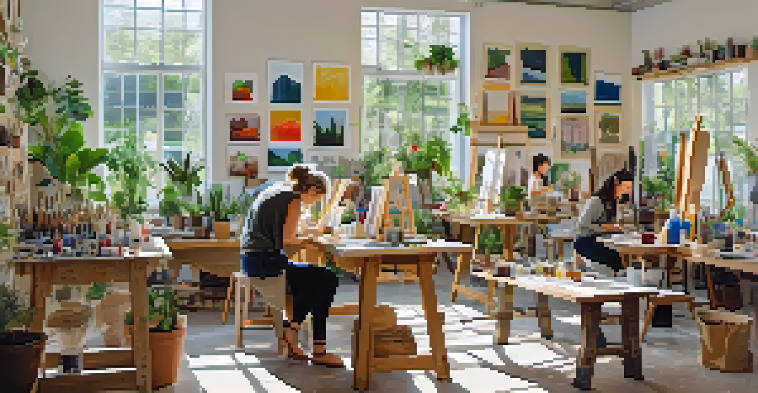 A workshop at an art festival with participants creating art from eco-friendly materials, surrounded by natural light and vibrant supplies.