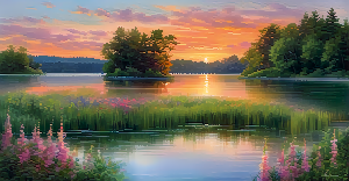 A tranquil lake at sunset with vibrant orange and pink reflections, surrounded by green trees and wildflowers.