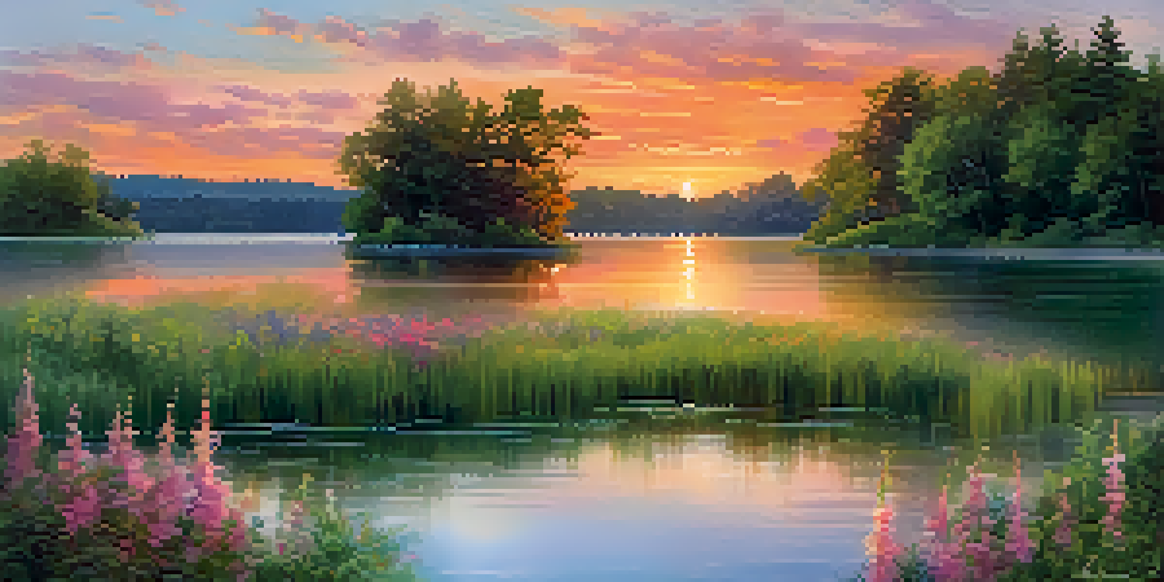 A tranquil lake at sunset with vibrant orange and pink reflections, surrounded by green trees and wildflowers.