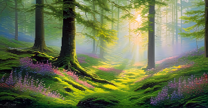 A peaceful forest scene at dawn with sunlight filtering through trees and colorful wildflowers in the foreground.