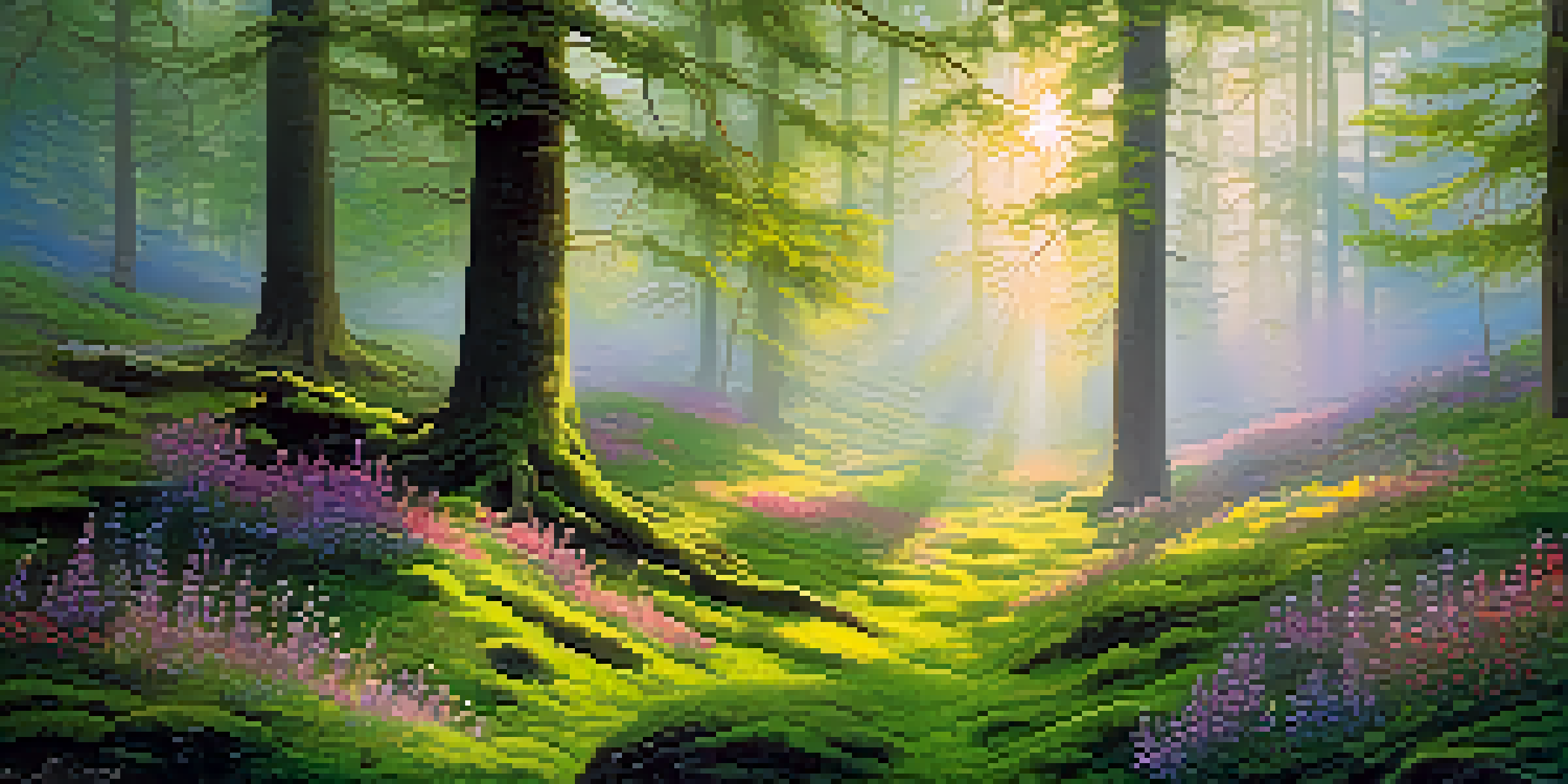A peaceful forest scene at dawn with sunlight filtering through trees and colorful wildflowers in the foreground.
