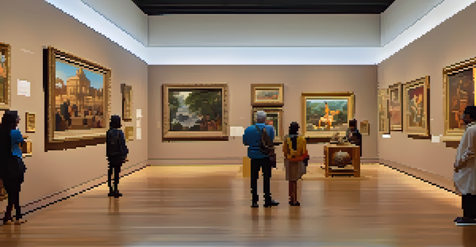 A gallery filled with diverse artworks representing various cultural heritages, with visitors admiring the pieces under warm lighting.