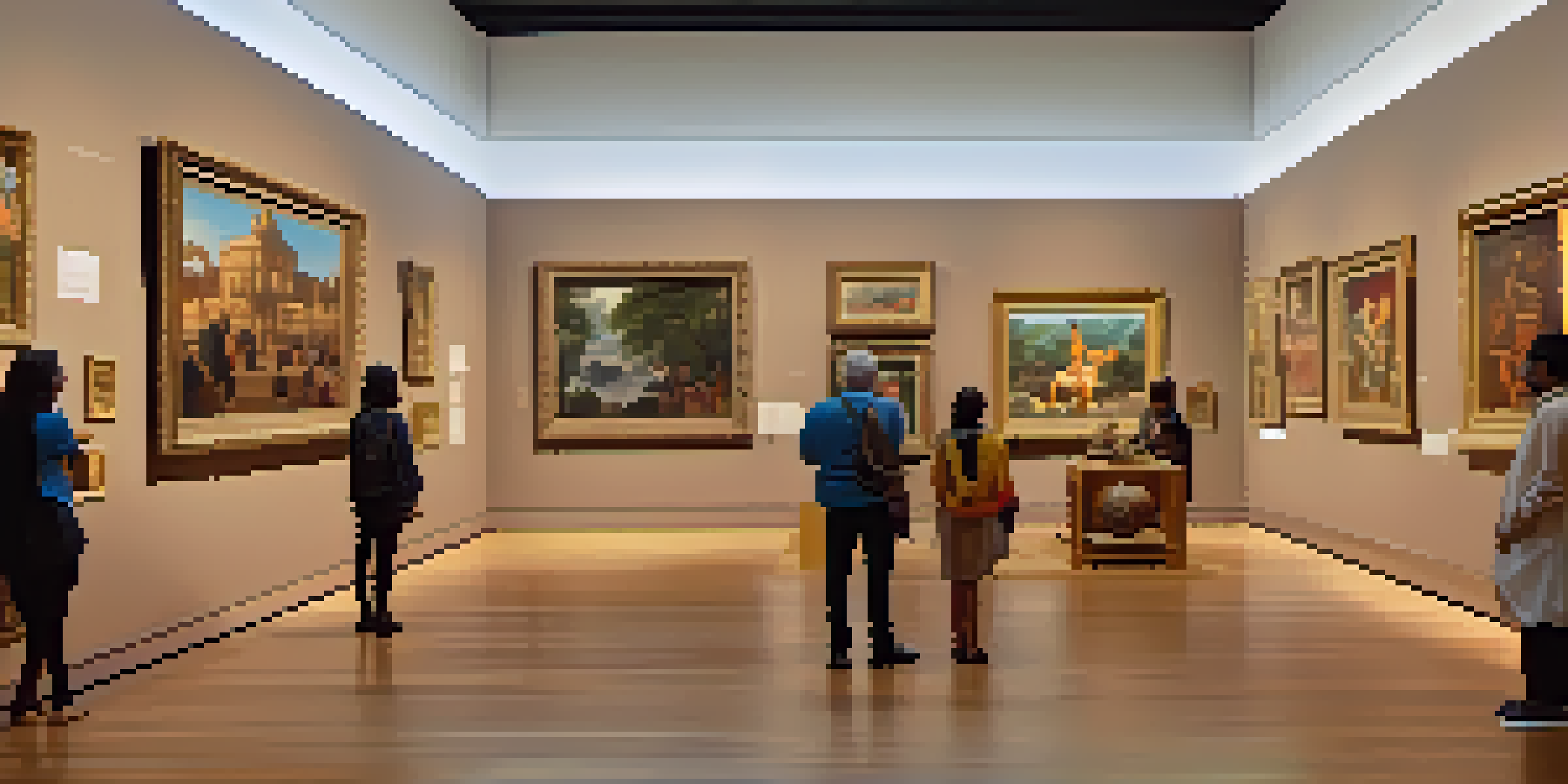 A gallery filled with diverse artworks representing various cultural heritages, with visitors admiring the pieces under warm lighting.