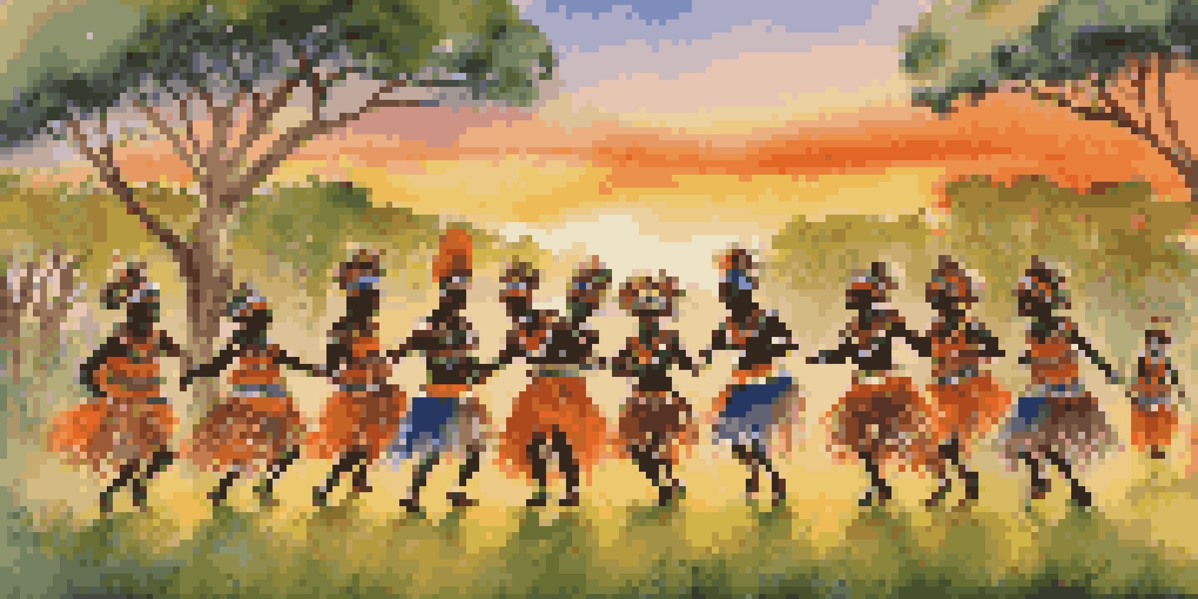 A group of dancers in colorful Zulu attire performing in a green field at sunset, with trees and an orange sky in the background.