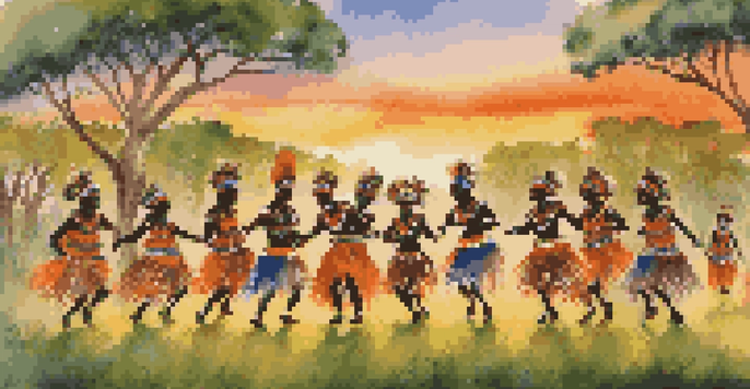 A group of dancers in colorful Zulu attire performing in a green field at sunset, with trees and an orange sky in the background.