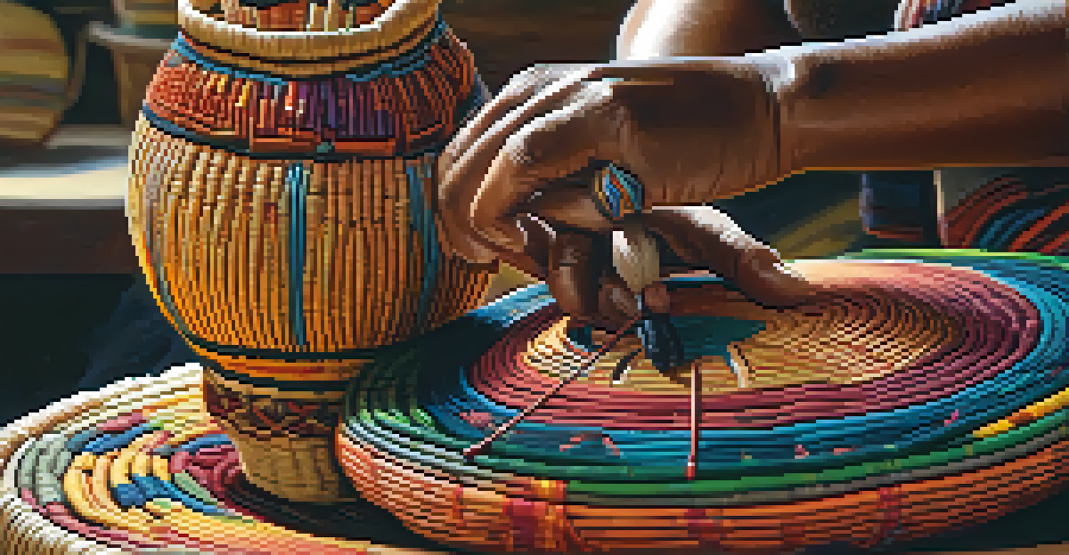 An artist's hands weaving a colorful Indigenous basket, surrounded by natural materials and tools in a warm-lit workspace.