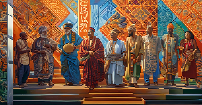 A colorful mural showing people from different cultures sharing stories in an urban environment.