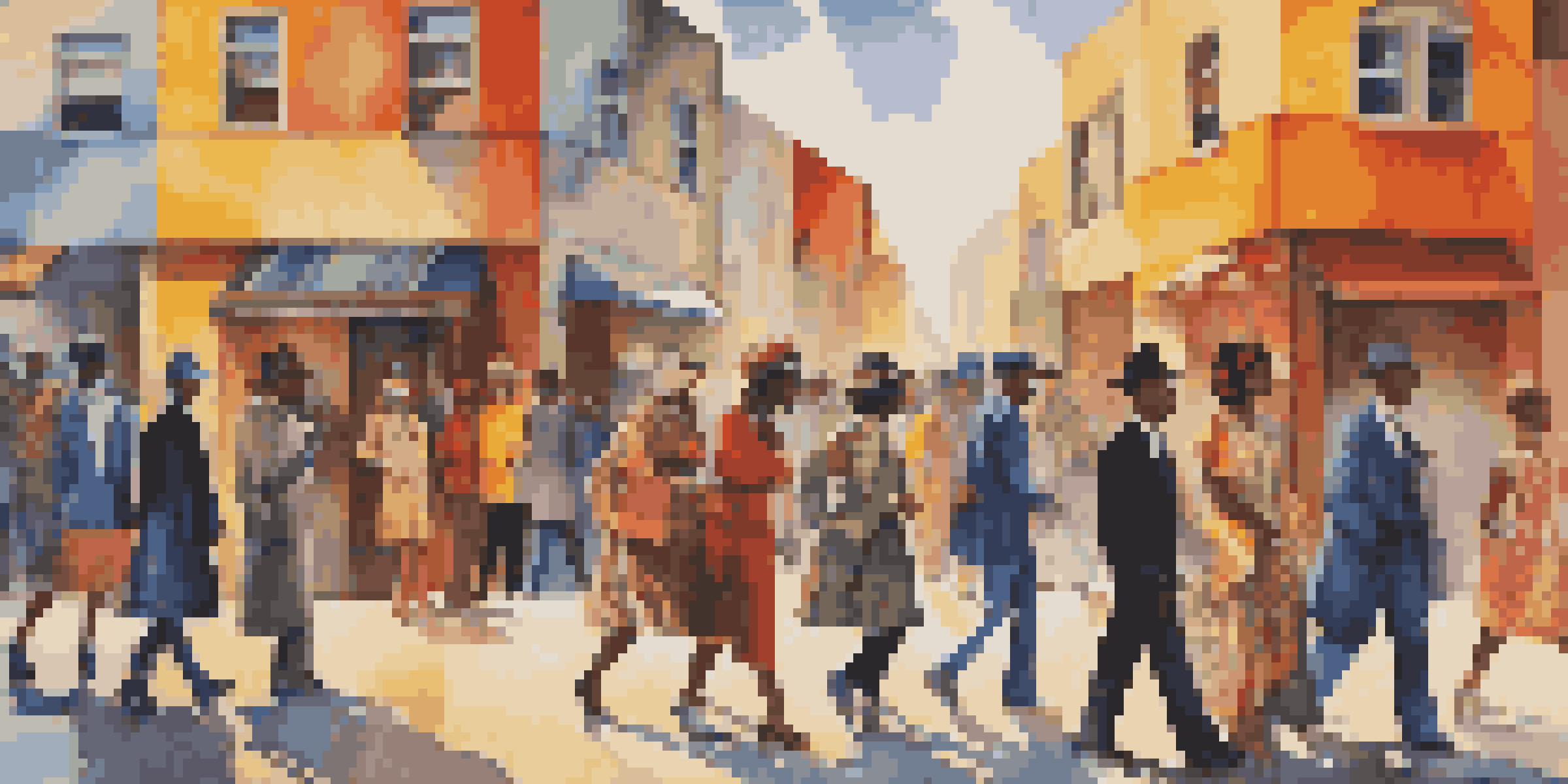 A lively street scene with diverse people in artistic outfits, set against a colorful mural.