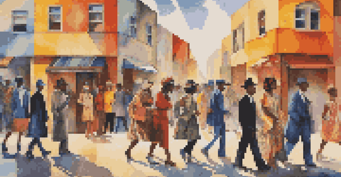 A lively street scene with diverse people in artistic outfits, set against a colorful mural.