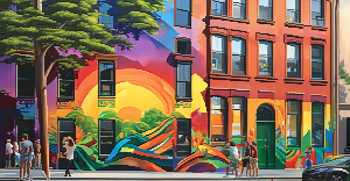 An artist painting a colorful mural on a city wall with people admiring the artwork during sunset.