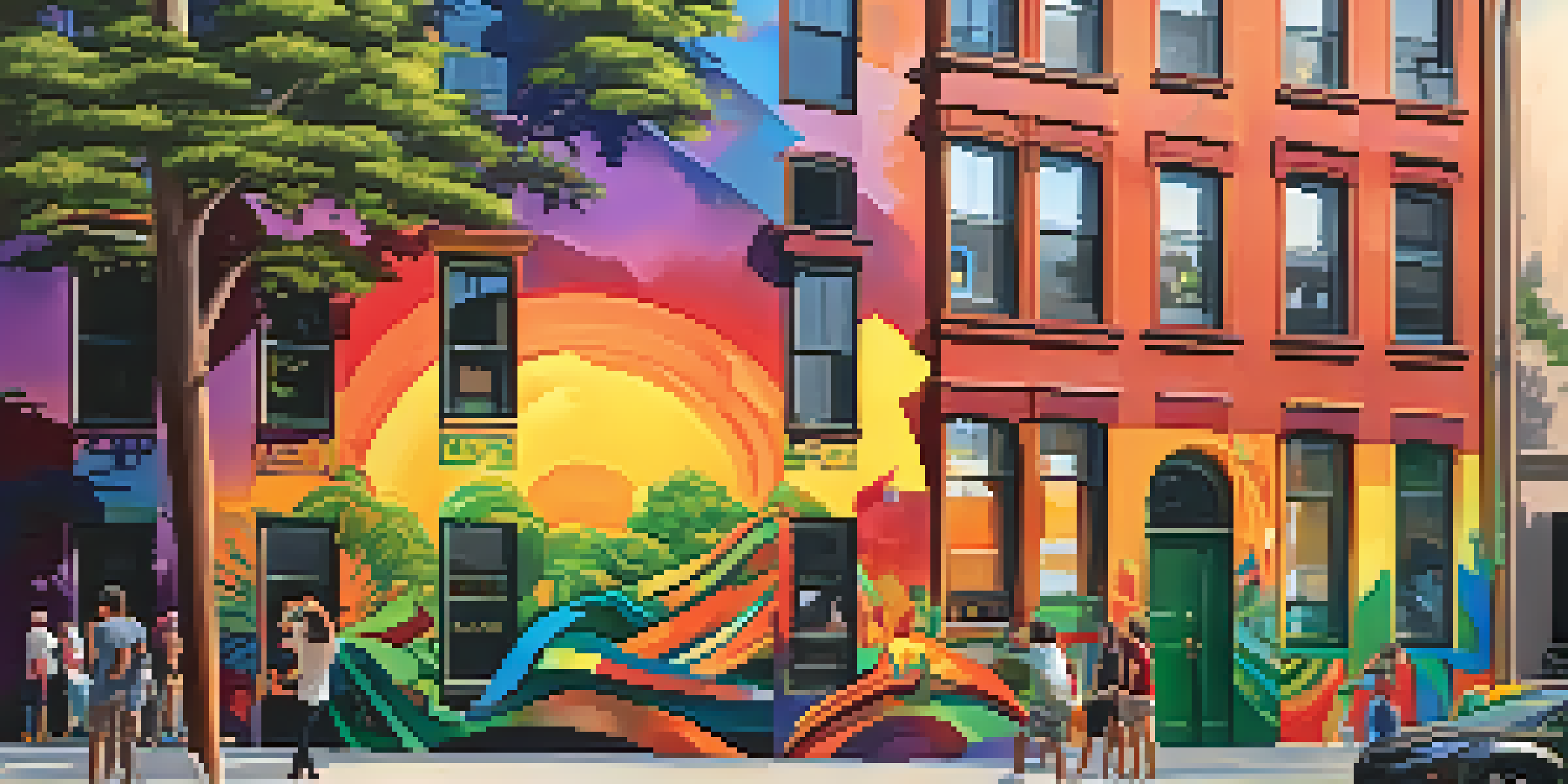 An artist painting a colorful mural on a city wall with people admiring the artwork during sunset.