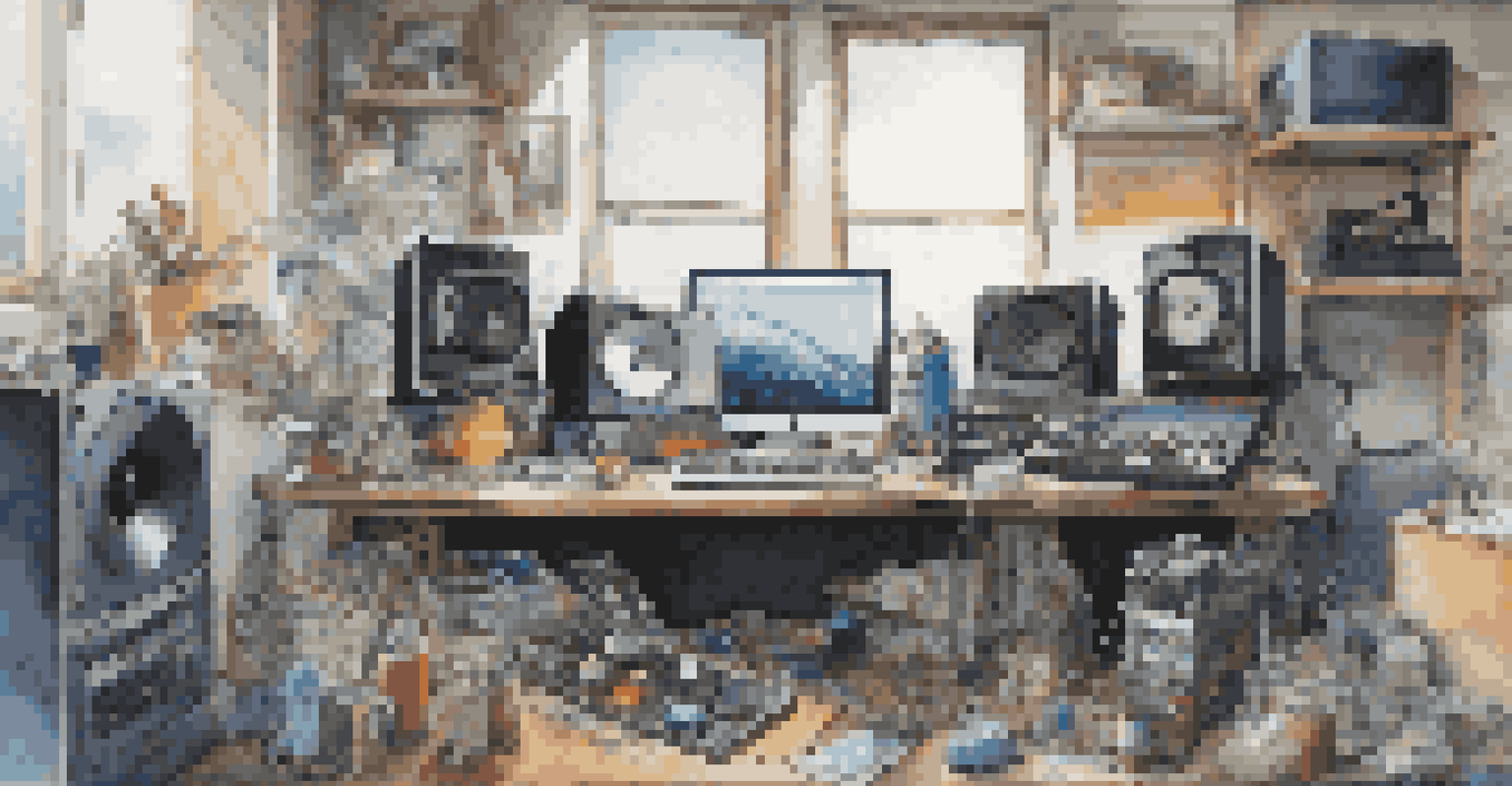 An artist's creative workspace filled with sound recording devices and everyday items, showing a computer screen with sound editing software.
