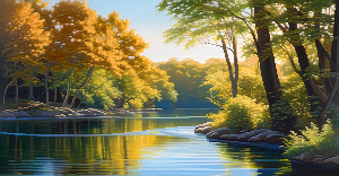 A peaceful river landscape with flowing lines, surrounded by green trees and warm sunlight.