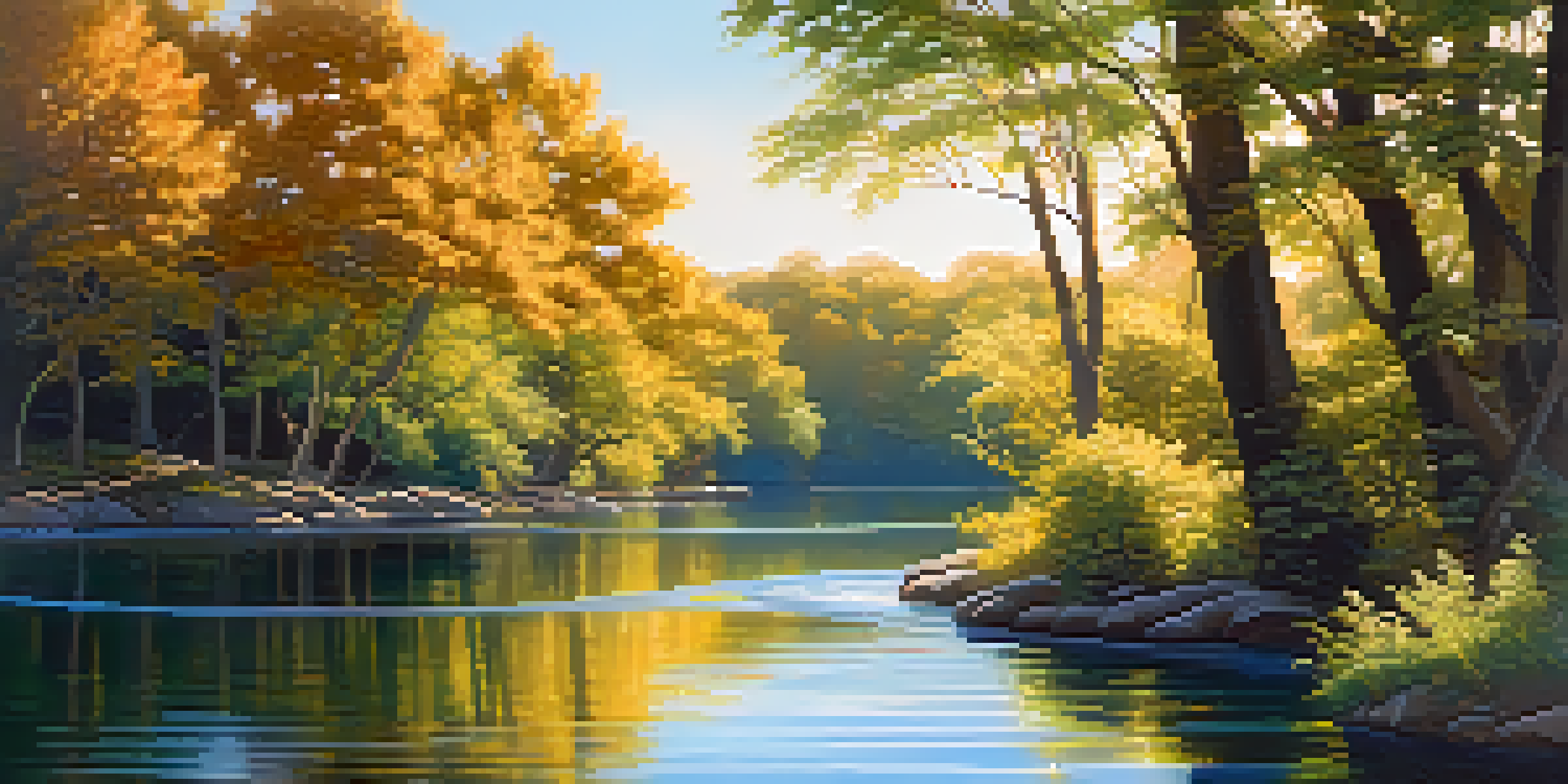 A peaceful river landscape with flowing lines, surrounded by green trees and warm sunlight.