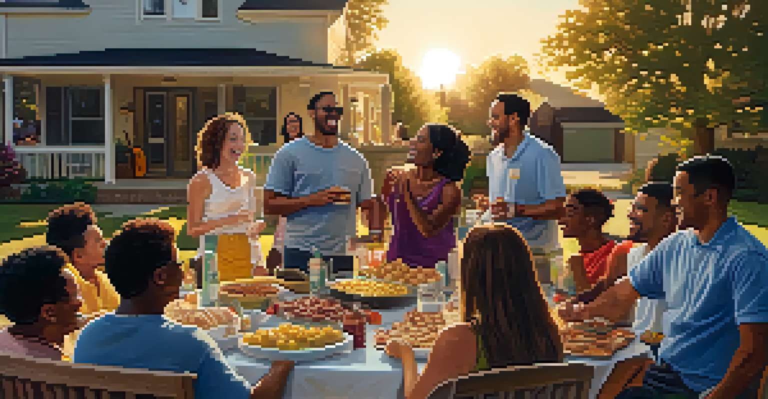 A joyful backyard barbecue gathering with people sharing stories under a sunset.