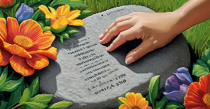 A hand painting a memorial stone with flowers and words in a vibrant garden, highlighting themes of remembrance and personal expression.