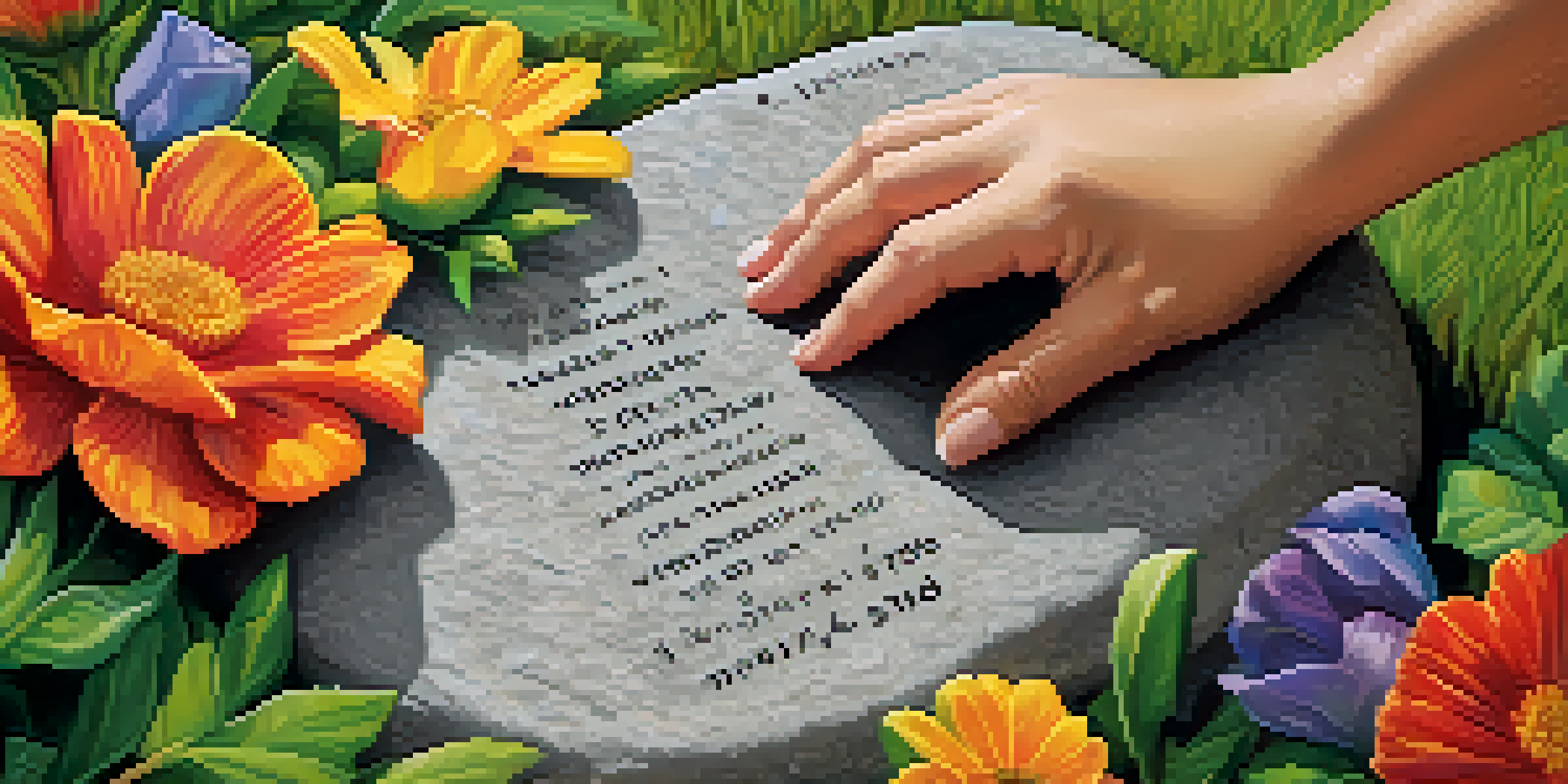 A hand painting a memorial stone with flowers and words in a vibrant garden, highlighting themes of remembrance and personal expression.