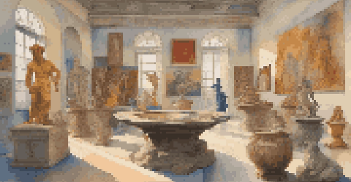 A contemporary artist's studio showcasing vibrant paintings and sculptures inspired by ancient myths, with a marble sculpture of Medusa in the center.