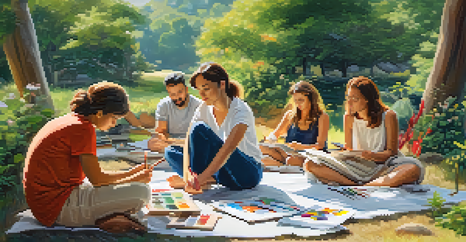 Participants engaged in an outdoor art session surrounded by nature, showcasing tranquility and creativity with colorful flowers and greenery.