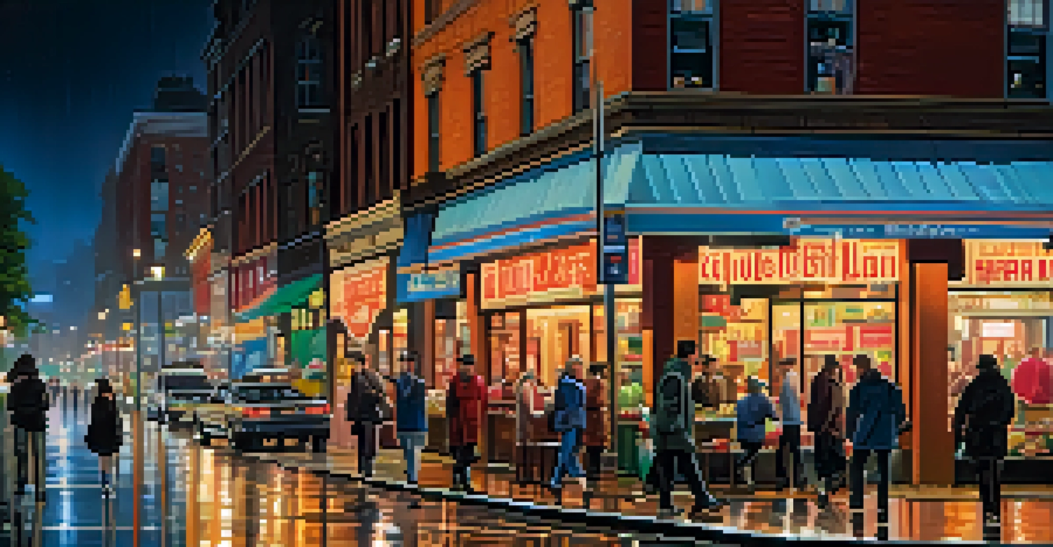 A vibrant city street scene at night with illuminated buildings, people walking, and reflections on wet pavement.