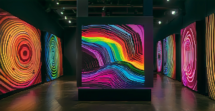 A dark room filled with colorful visual sound waves, illuminated by soft ambient light, featuring speakers and audio equipment.